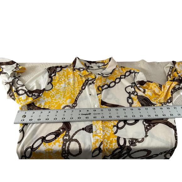 Timing Womens 1X Yellow White Blouse Chain Print Button Up Long Sleeve Top - Picture 4 of 11